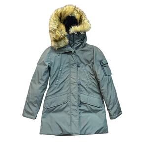 S13 Women's Luxe Eskimo Midlength Down Parka Faux Fur Hood Jacket Size Medium
